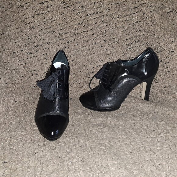 REPETTO PARIS-Black Shiny/Pebbled Leather Platform/Cap Toe/Tassels-Sz 39.5-NWOB - Picture 1 of 8